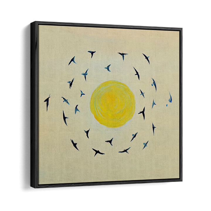 FLY AWAY WITH ME , KIDS ROOM PAINTINGS show birds flying around a bright yellow sun, adding magic to any child’s room.