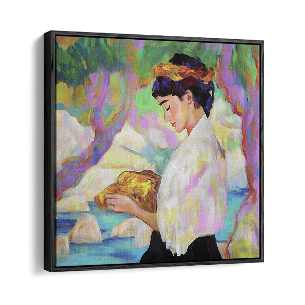 Stunning WOMAN WITH A ROCK artwork captures beauty and strength with vibrant colors and graceful details.