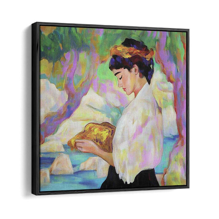 Stunning WOMAN WITH A ROCK artwork captures beauty and strength with vibrant colors and graceful details.