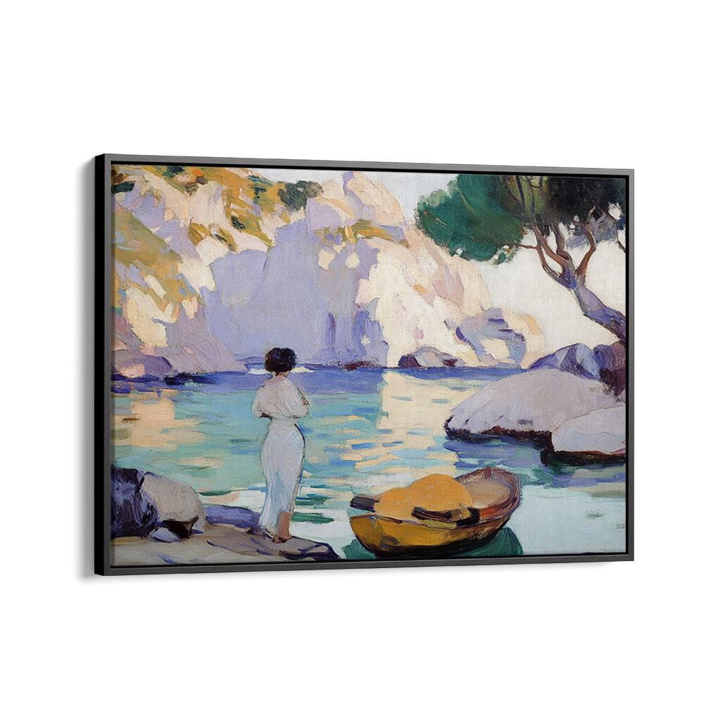 A serene WOMAN IN A BOAT gracefully navigates tranquil waters, adding elegance to any space. Perfect artwork for relaxation.