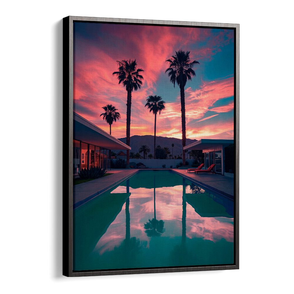 FALLING OF THE NIGHT II, BEACH PAINTINGS captures a serene twilight scene with palm trees and reflections in a pool.