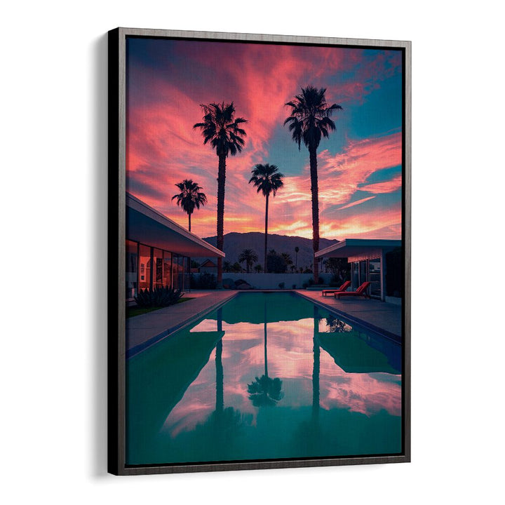 FALLING OF THE NIGHT II, BEACH PAINTINGS captures a serene twilight scene with palm trees and reflections in a pool.