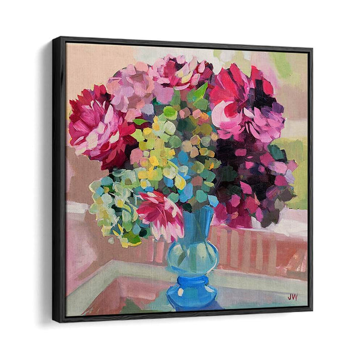 Vibrant SOUTH CAROLINA, FLORAL FLOWER PAINTINGS showcasing abstract blooms in a striking blue vase. Perfect for any room!