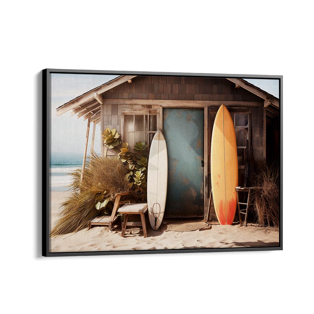 Discover VINTAGE VIBRANCE, BEACH PAINTINGS showcasing a nostalgic beach cottage with surfboards, perfect for retro decor.
