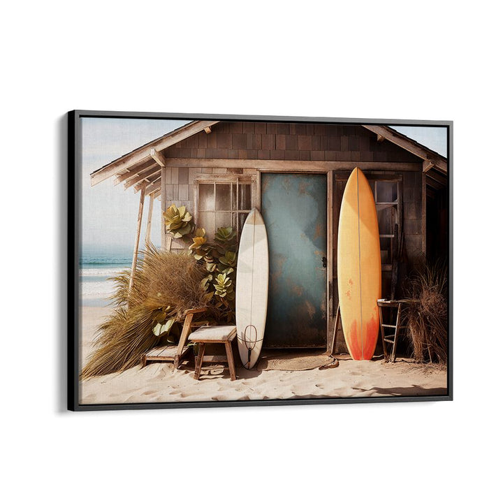 Discover VINTAGE VIBRANCE, BEACH PAINTINGS showcasing a nostalgic beach cottage with surfboards, perfect for retro decor.