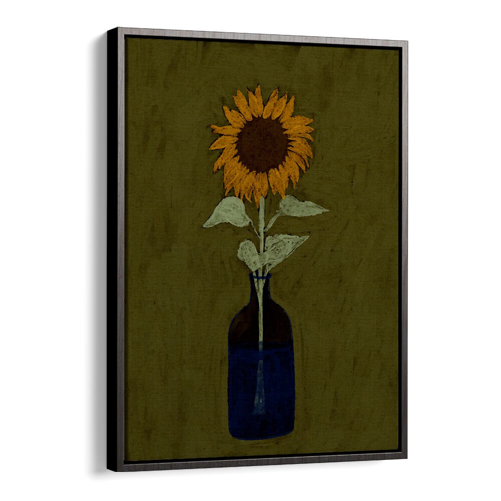 Bright sunflower in a blue vase on a textured background, perfect for RADIANT VIEW, KITCHEN POSTERS in your home.