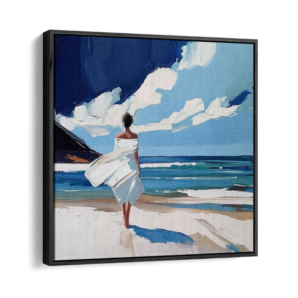 Serene artwork of a woman walking on the beach, capturing tranquility and coastal vibes beautifully.