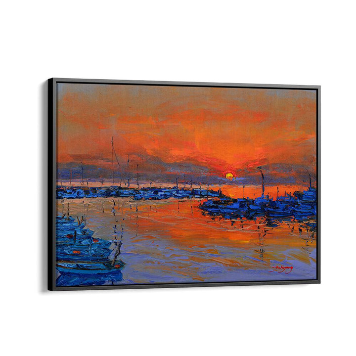 Vibrant SUNRISE, LANDSCAPE PAINTINGS showcasing a serene harbor at dawn, perfect for your home decor.
