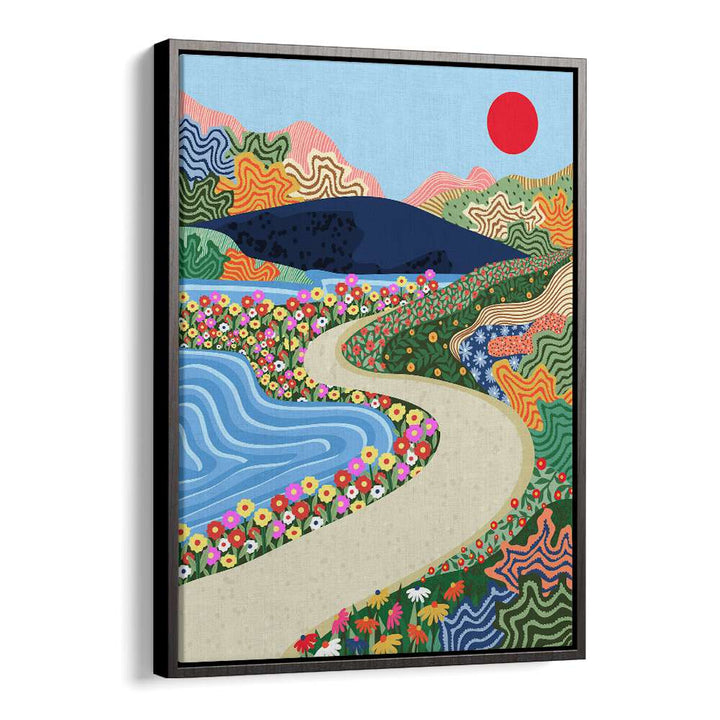 Vibrant SOOTHING HORIZON, LANDSCAPE PAINTINGS feature a serene path through colorful flowers and calming scenery.
