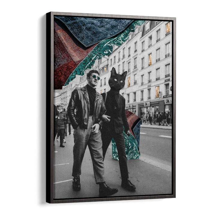Surreal art print "CAT IN CITY" features a stylish cat and urban scene, perfect for pet lovers' decor.