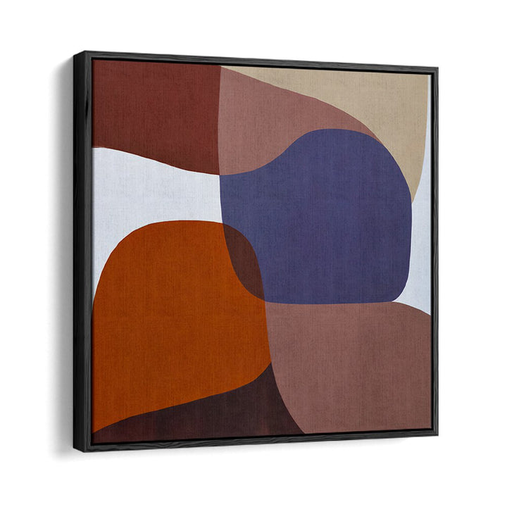VISION, ABSTRACT PAINTINGS featuring bold geometric shapes in warm earth tones and deep blue on a textured canvas.