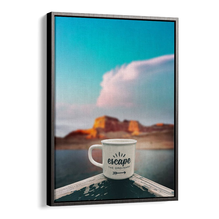 A serene coffee mug with "escape the ordinary" against a stunning backdrop, perfect for ESCAPE USA TRAVEL, QUOTES.