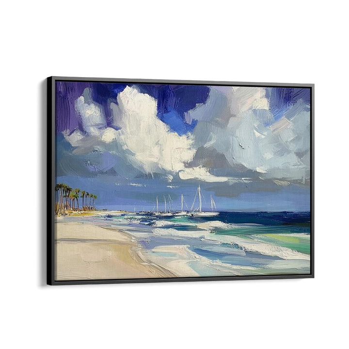 SAILBOATS ON THE BEACH II artwork showcases serene sailboats gliding on tranquil waters, perfect for coastal decor.