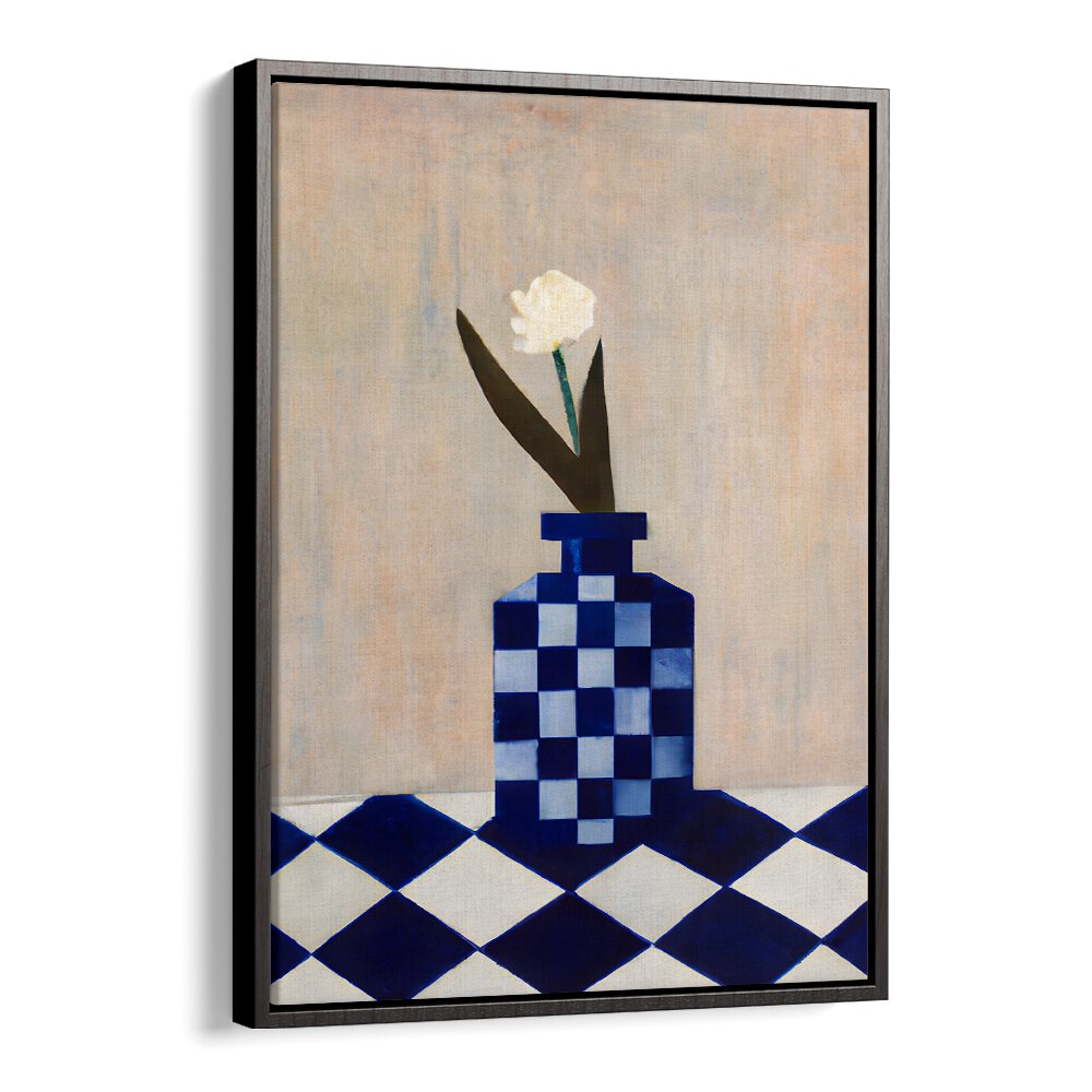 CHECK THE VASE , KITCHEN POSTERS featuring a blue checkered vase with a white flower on a matching checkered table.