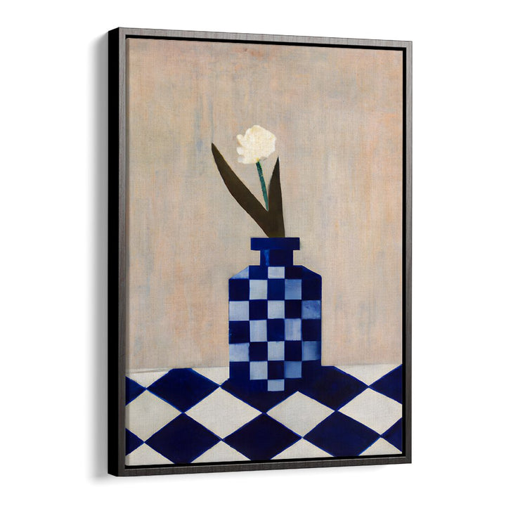 CHECK THE VASE , KITCHEN POSTERS featuring a blue checkered vase with a white flower on a matching checkered table.