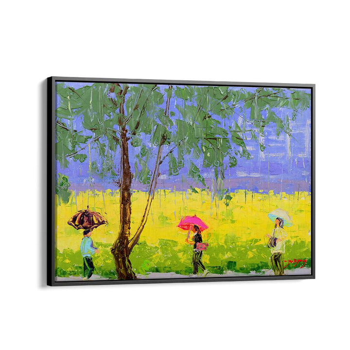 RAPE FLOWER RAINY DAY, INDIAN ART PAINTINGS showcase vibrant colors with umbrellas under a tree in a lush landscape.