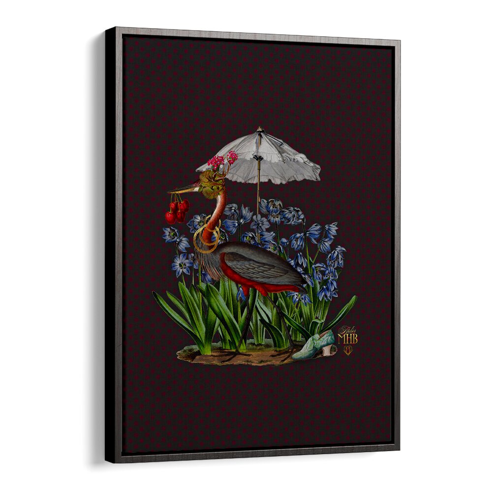 Whimsical ENCHANTED FOREST I, ANIMAL PAINTINGS artwork features a colorful heron amidst vibrant flowers and an umbrella.