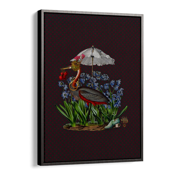 Whimsical ENCHANTED FOREST I, ANIMAL PAINTINGS artwork features a colorful heron amidst vibrant flowers and an umbrella.