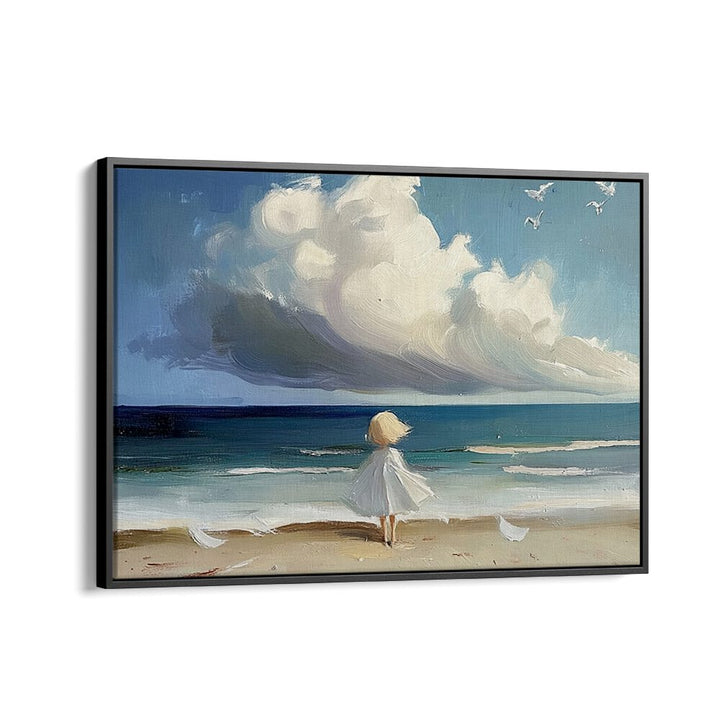 LITTLE GIRL ON THE BEACH artwork captures childhood joy with whimsical ocean views, perfect for home decor.