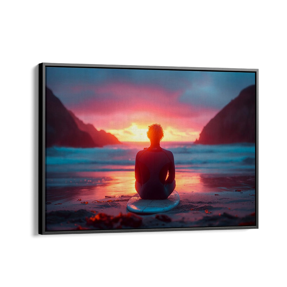 Vibrant SURFSIDE SUNSET, BEACH PAINTINGS showcase a surfer enjoying the magical sunset by Philippe Hugonnard.