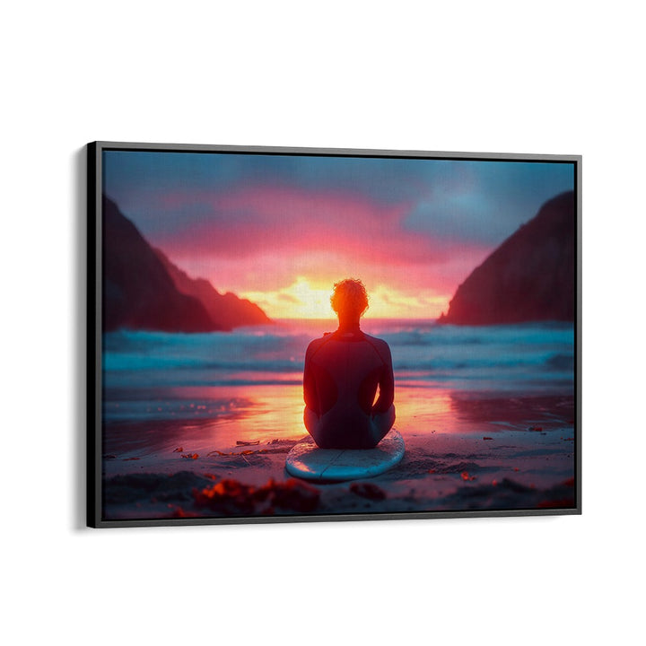 Vibrant SURFSIDE SUNSET, BEACH PAINTINGS showcase a surfer enjoying the magical sunset by Philippe Hugonnard.