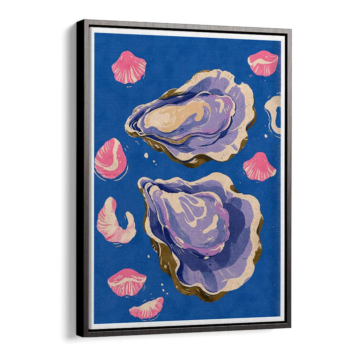 Colorful OYSTERS , BEACH PAINTINGS showcase vibrant oysters against a blue background, perfect for enhancing coastal decor.