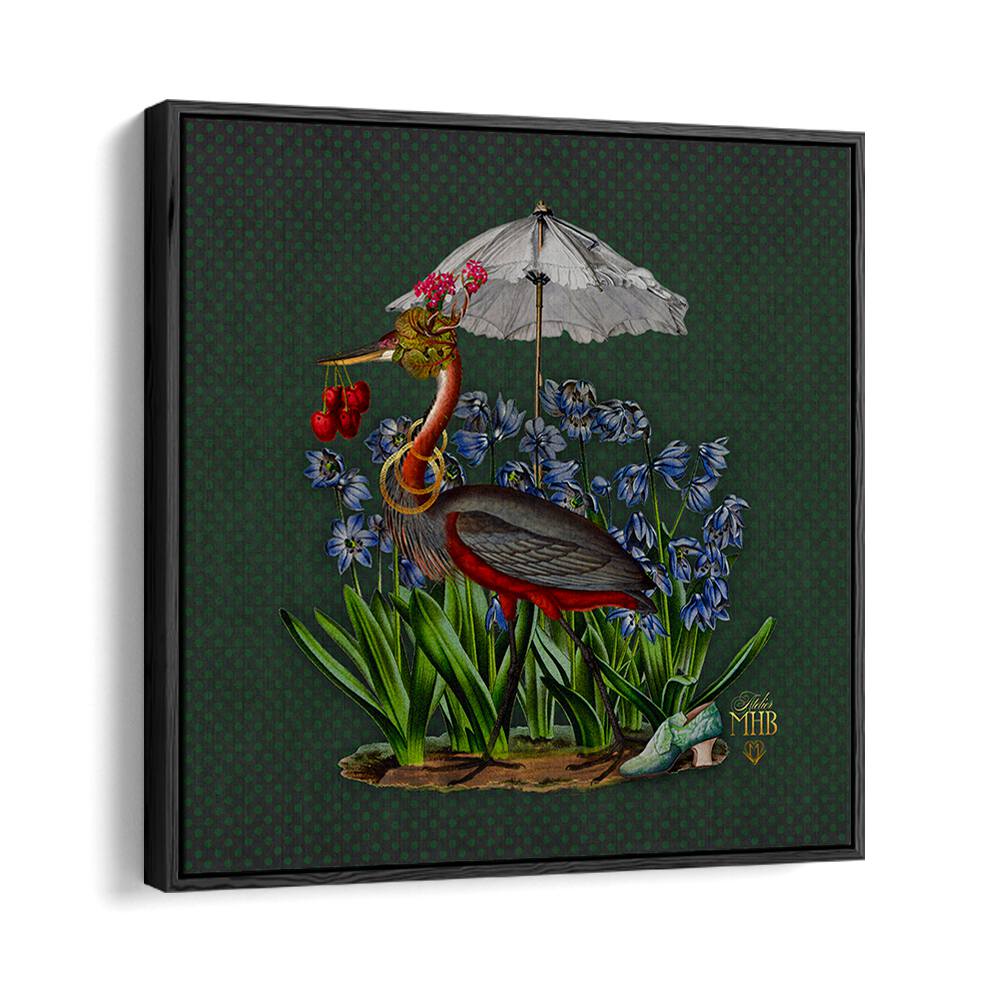 Colorful heron under an umbrella among flowers from the ENCHANTED FOREST V, ANIMAL PAINTINGS collection.