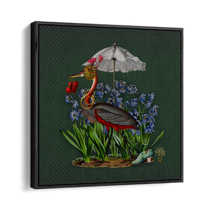 Colorful heron under an umbrella among flowers from the ENCHANTED FOREST V, ANIMAL PAINTINGS collection.