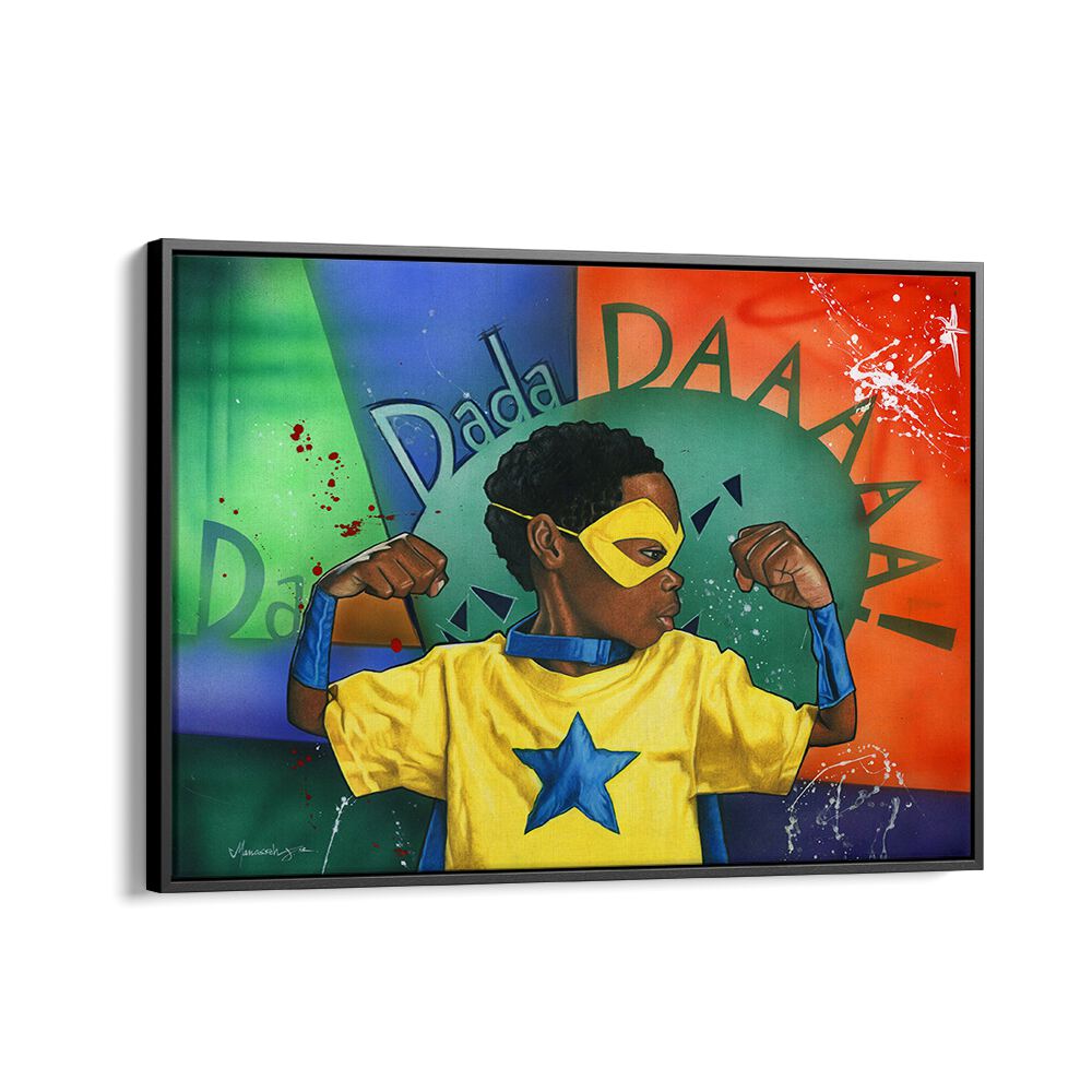 Vibrant DADADDAAA, AFRICAN ART PAINTINGS featuring a superhero child, embodying strength and creativity in modern art.