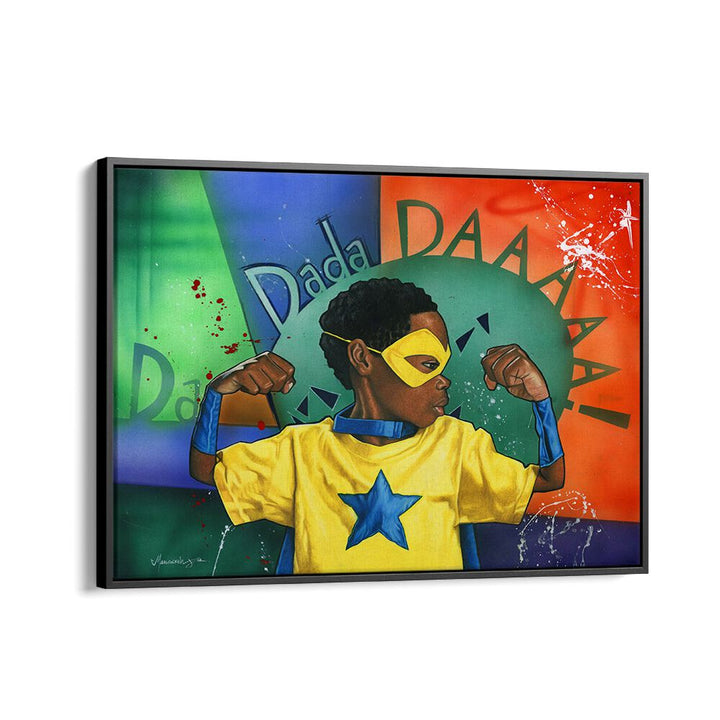 Vibrant DADADDAAA, AFRICAN ART PAINTINGS featuring a superhero child, embodying strength and creativity in modern art.