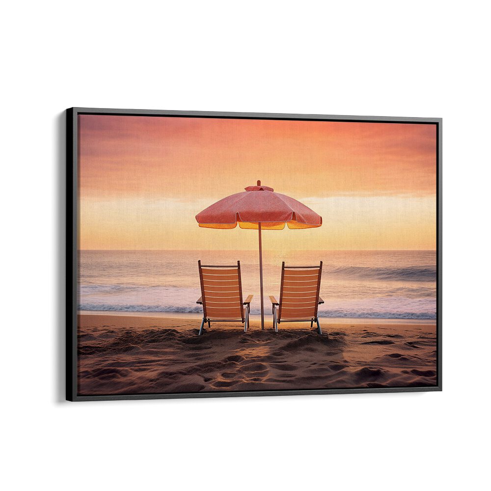 BOTH FACING THE OCEAN, BEACH PAINTINGS capture serene coastal beauty with inviting chairs and an umbrella at sunset.