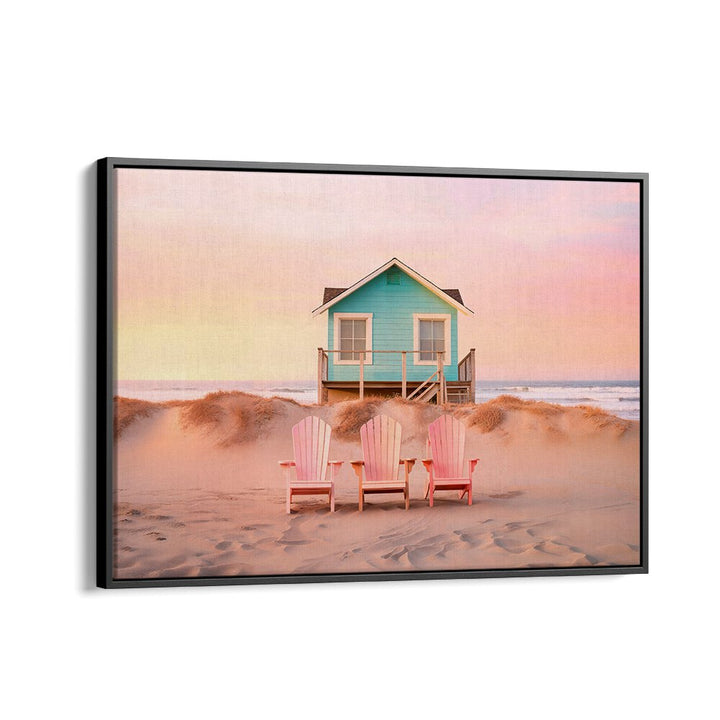 Serene PASTEL BEACH scene with pink chairs and a charming house, ideal for BEACH PAINTINGS lovers. Perfect decor choice!