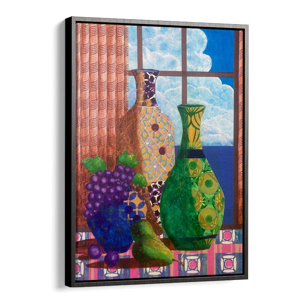 Colorful kitchen poster featuring serene vases and fruits, ideal for mindfulness, titled QUIETUDE AT DAWN, KITCHEN POSTERS.
