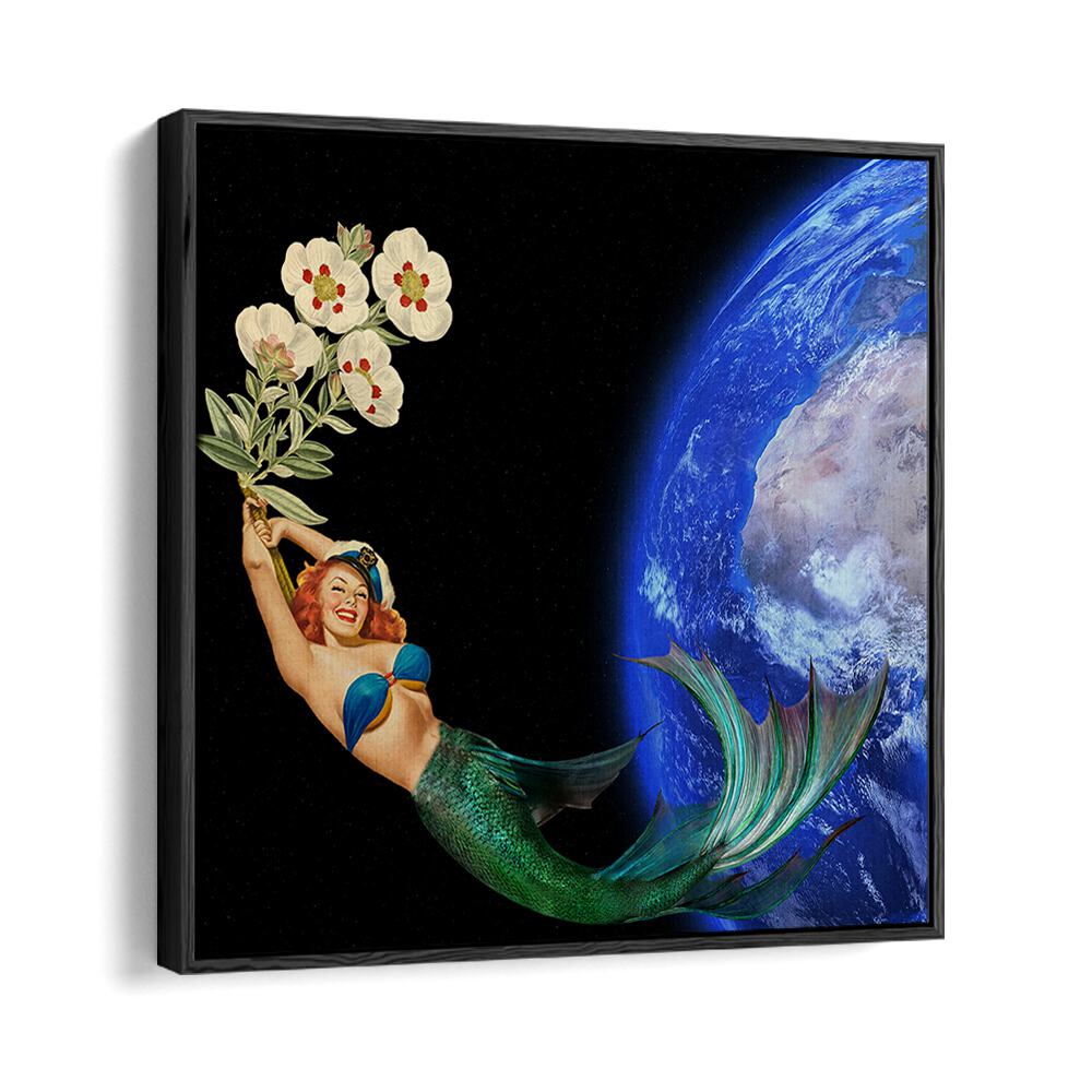 Mermaid soaring through space, embodying freedom in "SWIMMING AWAY, SURREAL ART PRINTS" by your favorite art store.