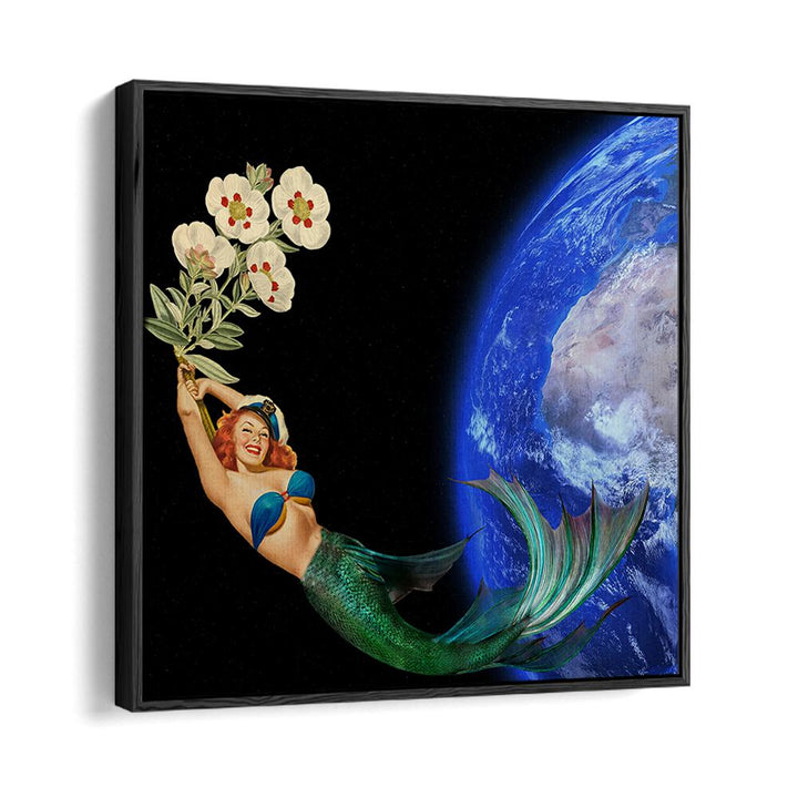 Mermaid soaring through space, embodying freedom in "SWIMMING AWAY, SURREAL ART PRINTS" by your favorite art store.