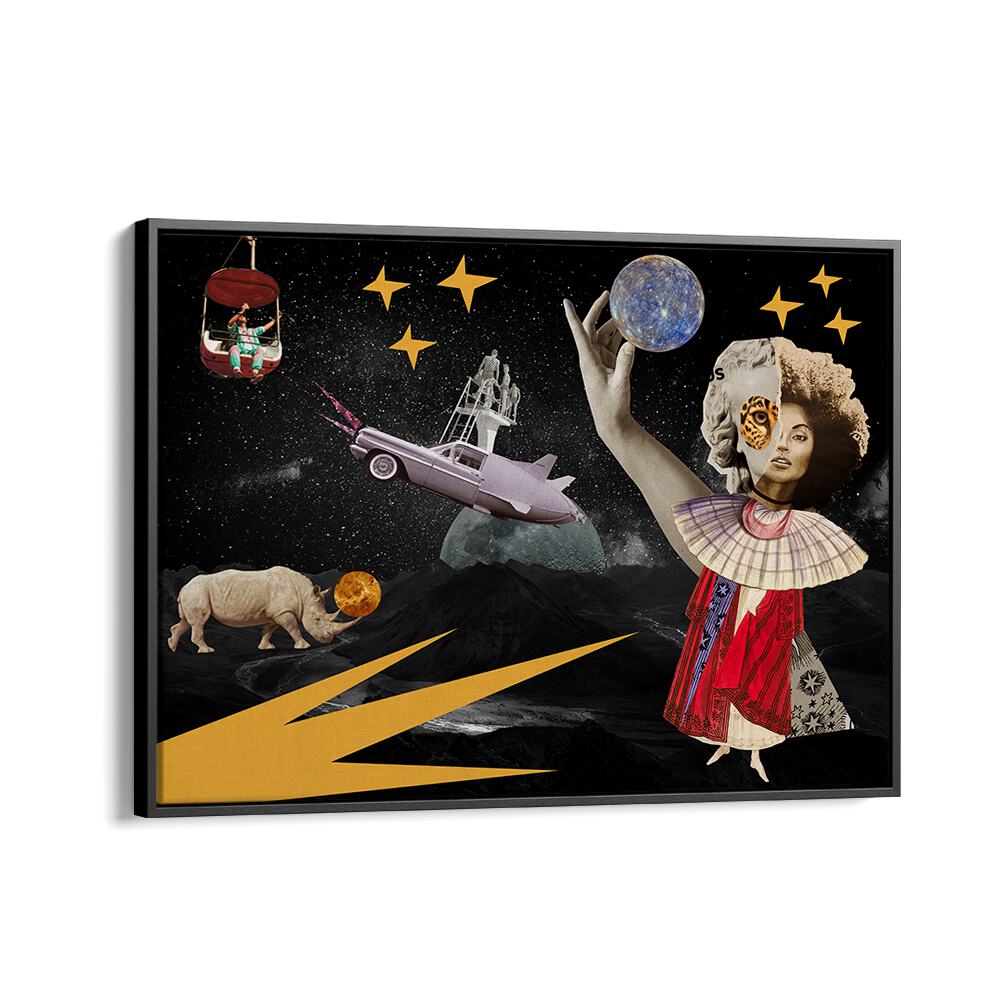 LUNA, SURREAL ART PRINTS showcase a vibrant collage of cosmic elements and unique figures for modern decor.