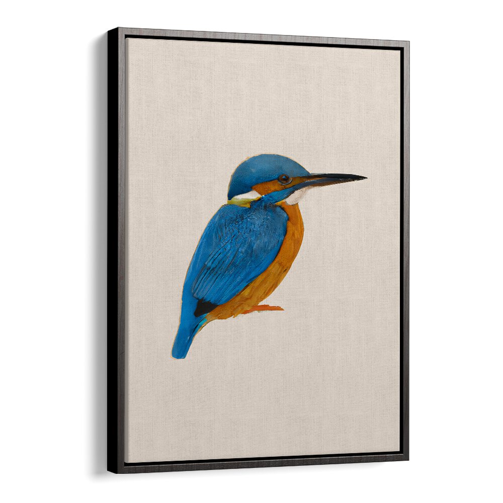 RAINFOREST REBEL , ANIMAL PAINTINGS showcase vibrant blue and orange kingfisher bird art on a natural linen canvas by Black Floater.