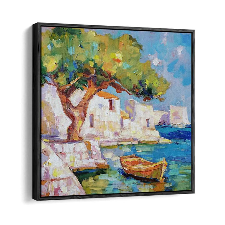 Colorful coastal artwork featuring a BOAT BY THE SEA, perfect for enhancing your home or garden decor.