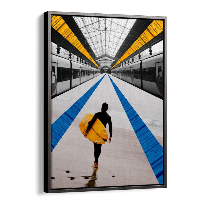Surfer walking through a train station, showcasing the stylish METRO, SURREAL ART PRINTS for modern spaces.