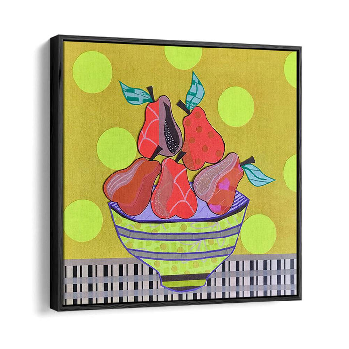 Brightly colored PEARS AND TEARS, KITCHEN POSTERS featuring whimsical pears in a decorative bowl, perfect for home décor.