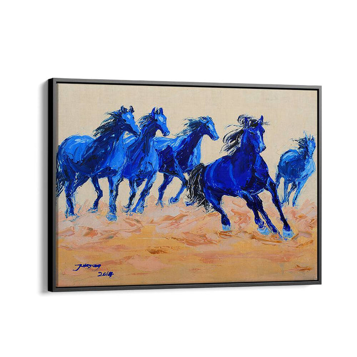 Vibrant blue horses gallop across the canvas in HORSE III, ANIMAL PAINTINGS, showcasing dynamic artistry and movement.
