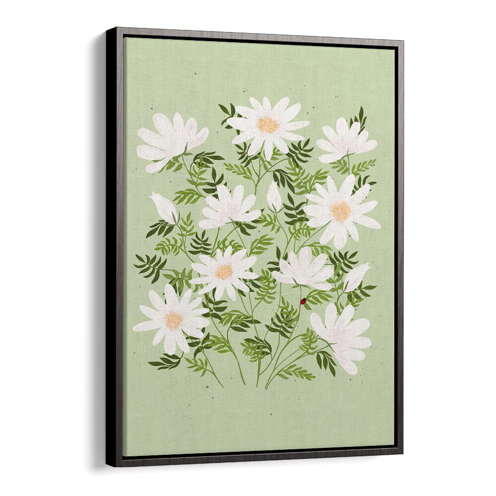 LADYBUG FLOWERS, FLORAL FLOWER PAINTINGS showcase delicate daisies on a soft green background, adding charm to any decor.