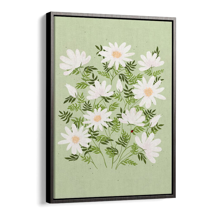 LADYBUG FLOWERS, FLORAL FLOWER PAINTINGS showcase delicate daisies on a soft green background, adding charm to any decor.
