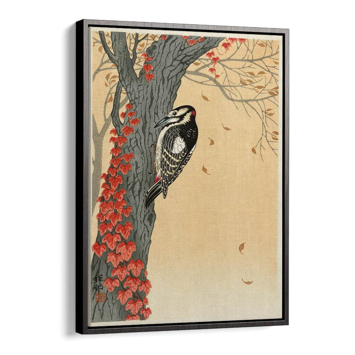 GREAT SPOTTED WOODPECKER IN TREE WITH RED IVY (1925 - 1936) , JAPANESE PAINTINGS , JAPANESE ART PRINTS