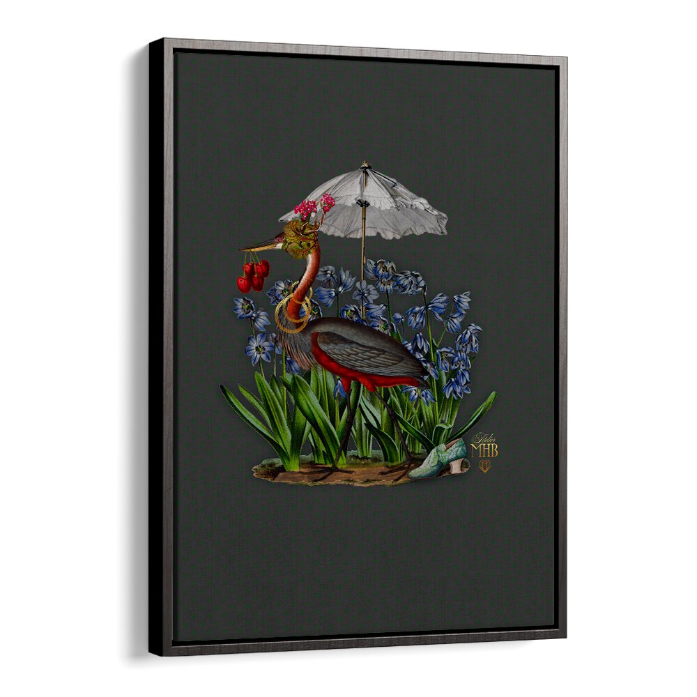 Discover the whimsical charm of ENCHANTED FOREST II, ANIMAL PAINTINGS, featuring a vibrant bird among blooming flora.