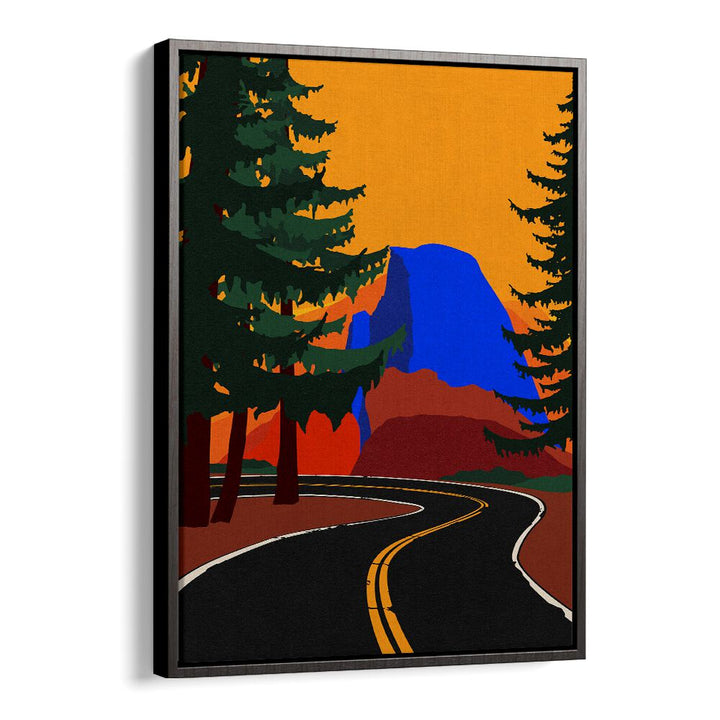 GLACIER ROAD WITH HALF DONE, LANDSCAPE PAINTINGS showcase a winding road amidst vibrant trees and mountains.