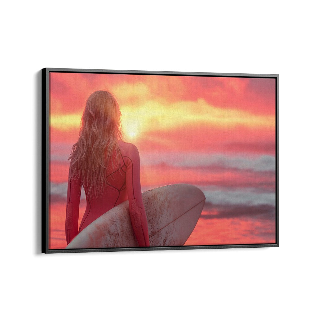 Surfer woman gazes at a sunset over waves, embodying SURFSIDE ELEGANCE, BEACH PAINTINGS by Philippe Hugonnard.