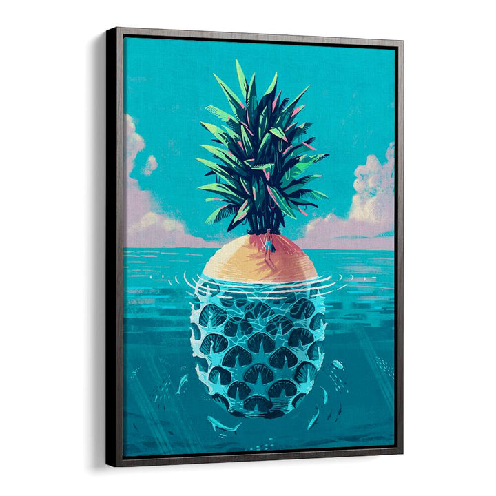 Vibrant beach painting titled STRANDED ON PINEAPPLE ISLAND, showcasing a pineapple island in turquoise waters.