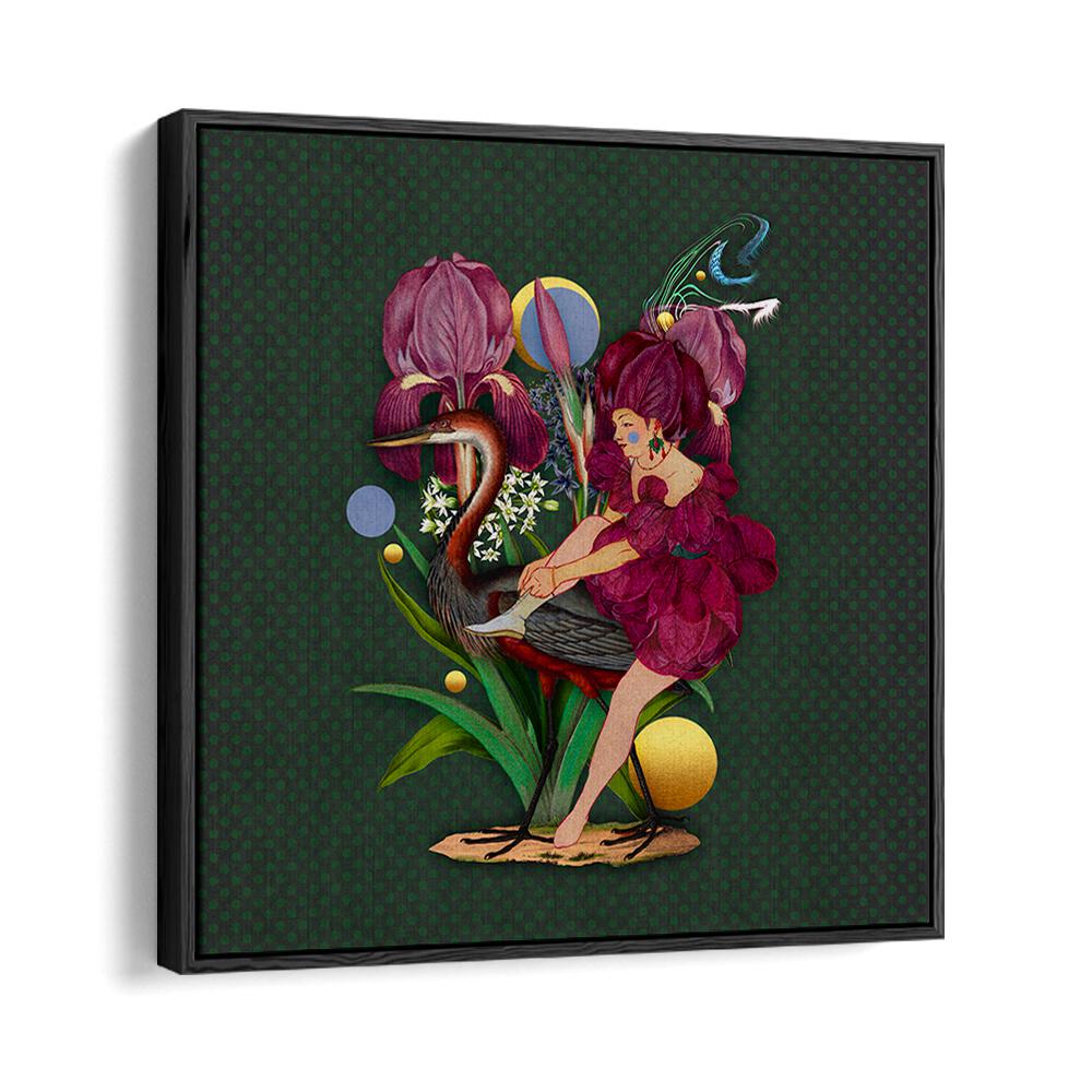 Whimsical illustration from ENCHANTED FOREST X, PORTRAITS featuring a mystical girl and elegant bird among vibrant flora.