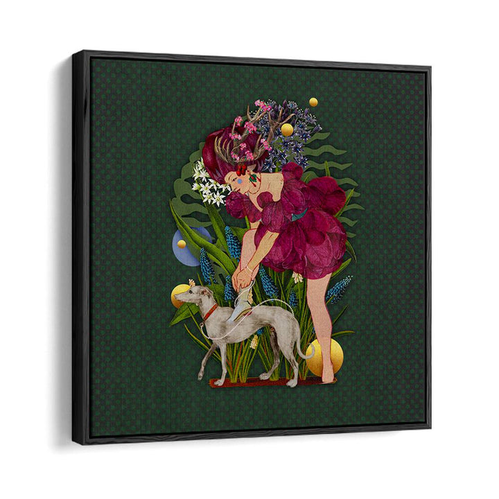 Whimsical depiction of a woman with a dog in the ENCHANTED FOREST IX, PORTRAITS collection, perfect for vibrant decor.